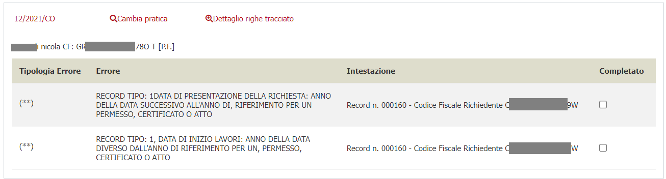 Esempio di file di blocco con pratica associata