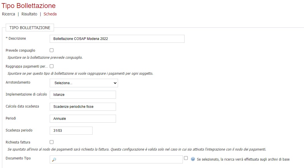 Configurazione della tipologia di bollettazione