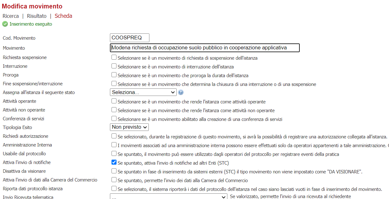 Configurazione nuovo movimento