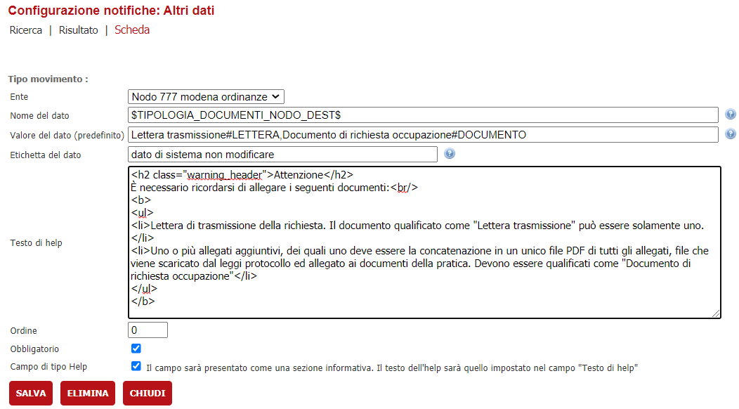 Configurazione parametri stc